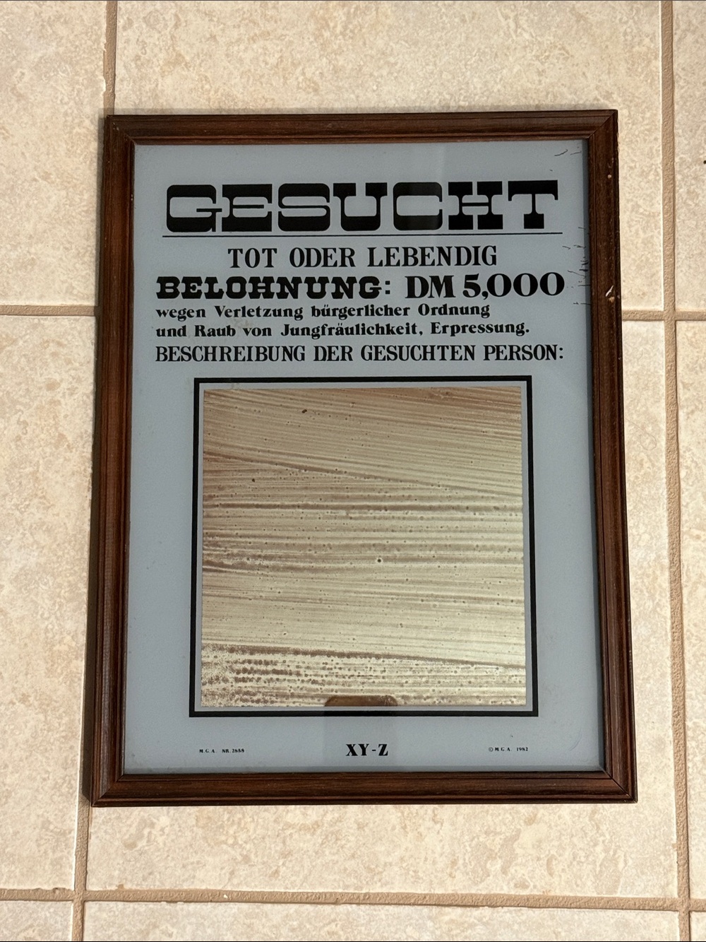 Vintage 'GESUCHT' Framed Poster Mirror — Blue Background, Brown Frame